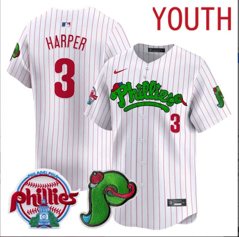 Youth  Philadelphia Phillies #3 Harper white with red strips Limited 2024 MLB Nike jersey